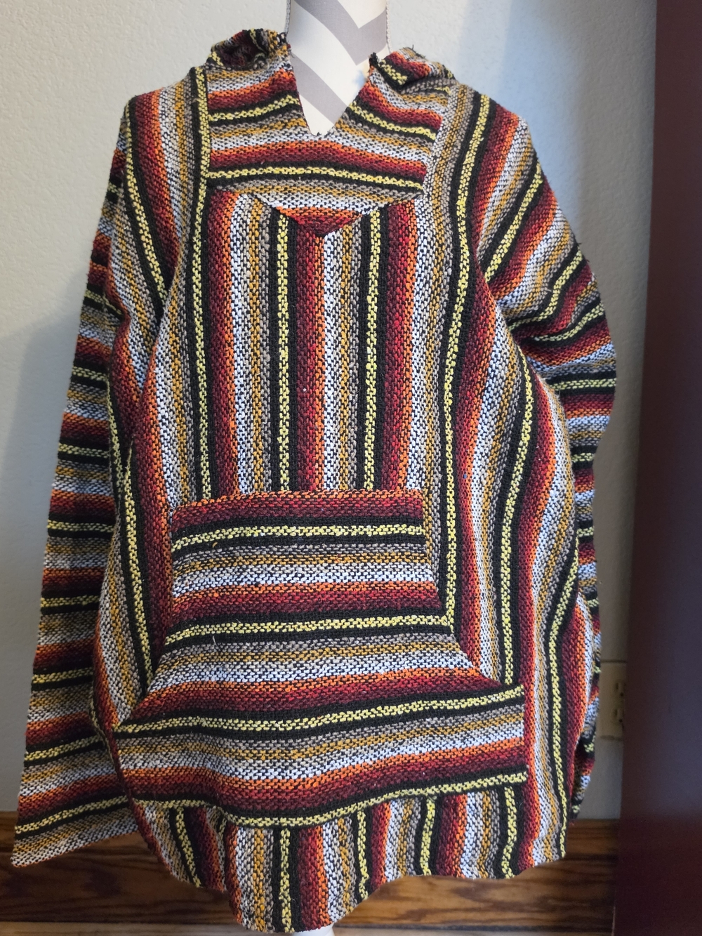 Freestyle Multicolor Striped V-Neck Baja Sweater - Red, Black, Yellow, Cream